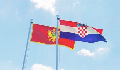 Croatia and Montenegro, two flags waving against blue sky. 3d image