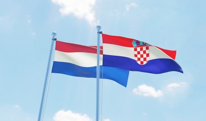 Croatia and Netherlands, two flags waving against blue sky. 3d image