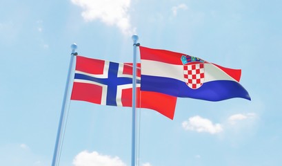 Croatia and Norway, two flags waving against blue sky. 3d image