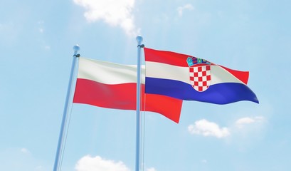 Croatia and Poland, two flags waving against blue sky. 3d image
