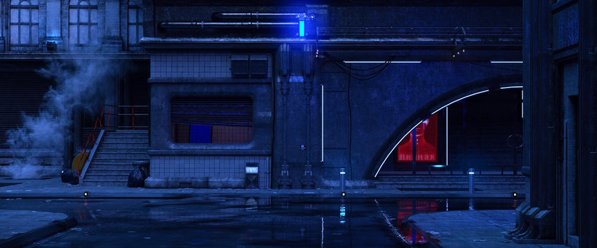 3d Illustration Of An Old Building On A Street Of Futuristic City. Beautiful Night Scene With Neon Lights In Cyberpunk Style. Gloomy Urban Landscape.