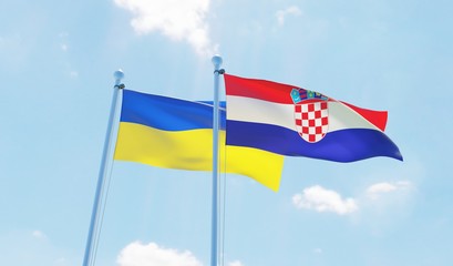Croatia and Ukraine, two flags waving against blue sky. 3d image