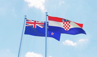 Croatia and New Zealand, two flags waving against blue sky. 3d image