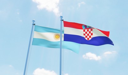 Croatia and Argentina, two flags waving against blue sky. 3d image