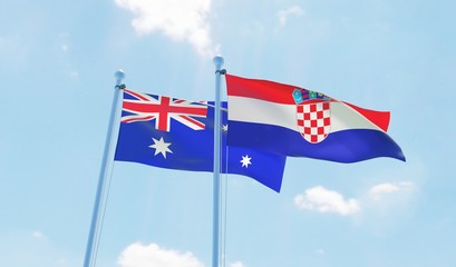 Croatia and Australia, two flags waving against blue sky. 3d image