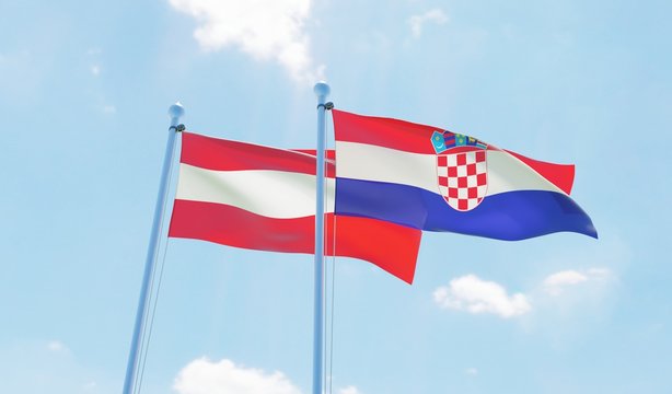 Croatia and Austria, two flags waving against blue sky. 3d image
