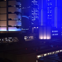 Photorealistic 3D illustration of a futuristic city. Beautiful night scene with bright neon lights. Cyberpunk style wallpaper.