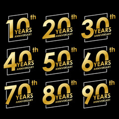 Naklejka premium Anniversary icon set. 10, 20, 30, 40, 50, 60, 70, 80, 90 years Anniversary badges collection. Modern logos or labels design for Birthday, Wedding, Corporate Invitation, Celebrating, Party, Business E