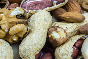 Assortment of variety of nuts close-up.