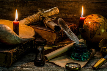 Composition on a theme marine adventures and trips. Objects under old times on a wooden background.