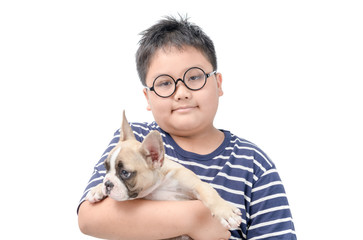 Fat boy holding french bulldog isolated