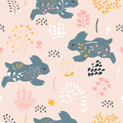 Romantic seamless pattern with rabbits and stylish flowers.