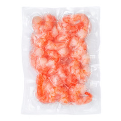Frozen  shrimps in a vacuum package  isolated on white background. Top view