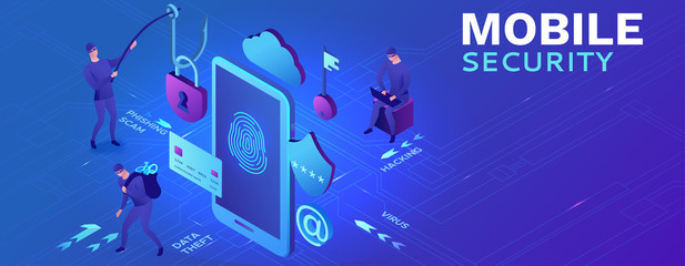 Mobile security concept, data protection, cyber crime, 3d isometric vector illustration, fingerprint, phishing scam, information protection,  smartphone safety and security