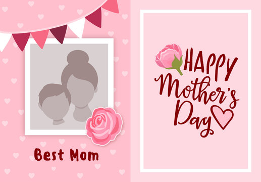 Happy mother's day greeting card design, with photo frame for uploading picture, photo. Vector background with flowers and hearts. Mother's day lettering calligraphic emblem