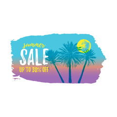 SUMMER SALE up to 30% OFF card with palm tree. Retro tropical bargain sales. Horizontal discount poster for seasonal advert. Deal banner.