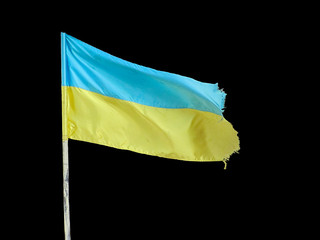 ukrainian flag, waving on blowing wind, isolated on black