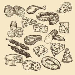 Hand drawn set of cheeses and meat products.