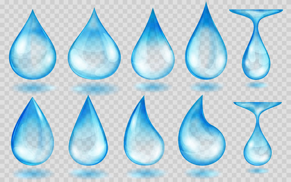 Set of translucent water drops in light blue colors in various shapes, isolated on transparent background. Transparency only in vector format