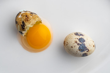 Obraz premium broken quail egg on the white plate; eco product