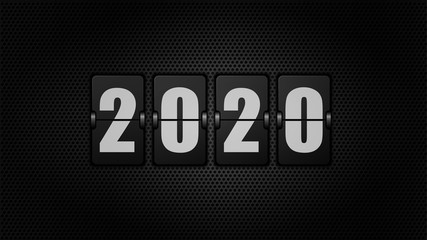 New year 2020. Numbers on mechanical scoreboard. 3d vector illustration on black background.