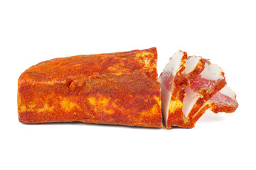 Traditional Ukrainian food - salo with paprika. isolated on a white background