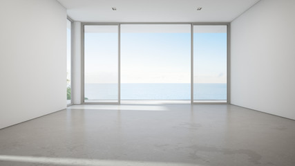 Obraz premium Sea view large living room of luxury summer beach house with big glass door and empty concrete floor. Vacation home or holiday villa interior 3d illustration.