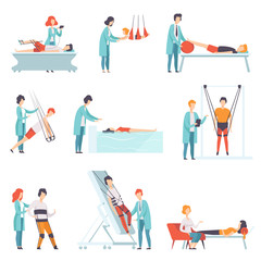 Fototapeta na wymiar Flat vector set of people doing rehabilitation exercises with their doctors. Clinic of physiotherapy. Patients with disabilities