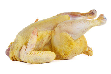 Whole raw chicken isolated on white background