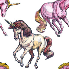 Unicorn. Seamless pattern on a white background. Fairy-tale character. Basis for design