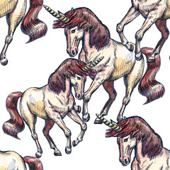 Unicorn. Seamless pattern on a white background. Fairy-tale character. Basis for design