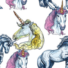 Unicorn. Seamless pattern on a white background. Fairy-tale character. Basis for design