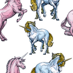 Unicorn. Seamless pattern on a white background. Fairy-tale character. Basis for design