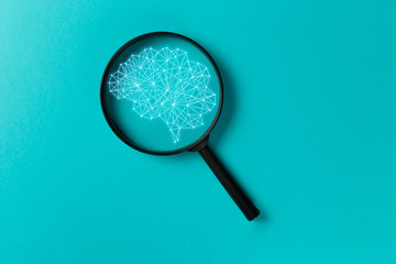 Concept smart search. Searching information data on internet networking concept. AI(Artificial Intelligence) and Neural network. Magnifying glass on blue background. New minimal creative concept