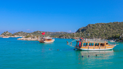 Fototapeta na wymiar Boat ride next to Kekova islands. Near Antalya Turkey. Shoot in July 2018
