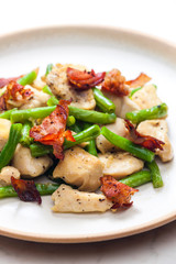 chicken meat with green beans and bacon