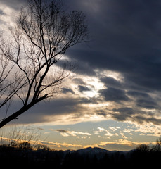 Naklejka premium colorful sunset with hills, clouds and trees