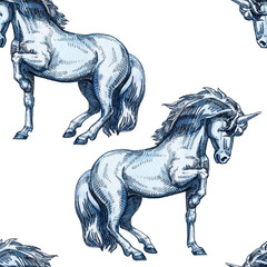Unicorn. Seamless pattern on a white background. Fairy-tale character. Basis for design