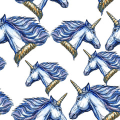 Unicorn. Fairy-tale character. Watercolor, feather. Seamless pattern. Beautiful drawing for children.