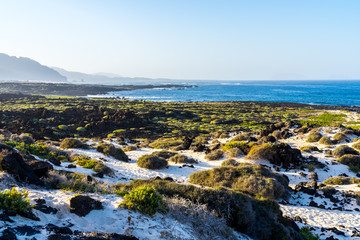 Spain, Lanzarote, Black, white and green coastline of east coast near town orzola