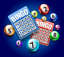 Vector Colorful Bingo Ball with Bingo Card isolated on Blue Background