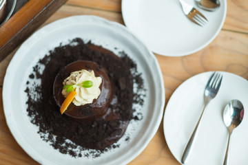 Warm dessert chocolate cake lava served on plate