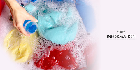 Fototapeta premium Women washing color clothes in basin enemale powdered detergent liquid laundry gel pattern, top view