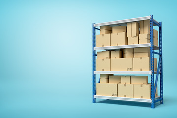 3d rendering of cardboard boxes on metal racks on blue background