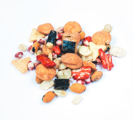 Popular Traditional Japanese snacks. Nori maki rice cracker, glaze peanuts and fried crackers. Close up.