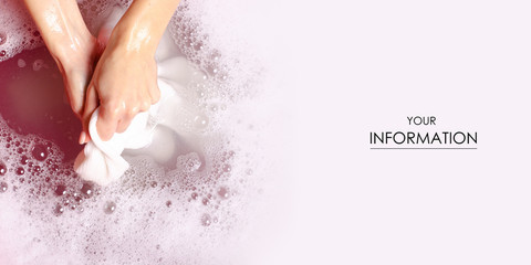 Women washing white sweater clothes in basin enemale powdered detergent pattern, top view