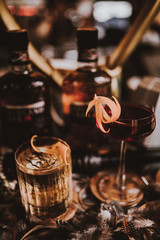 A close up shot of whisky cocktails with ice cubes. Concept of fine alcohol, beverage and cocktails.