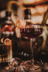 A close up shot of whisky cocktails with ice cubes. Concept of fine alcohol, beverage and cocktails.