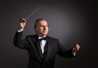 Emotional portrait of the conductor gesticulating with his hands on a light background.