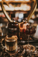 A close up shot of whisky cocktails with ice cubes. Concept of fine alcohol, beverage and cocktails.